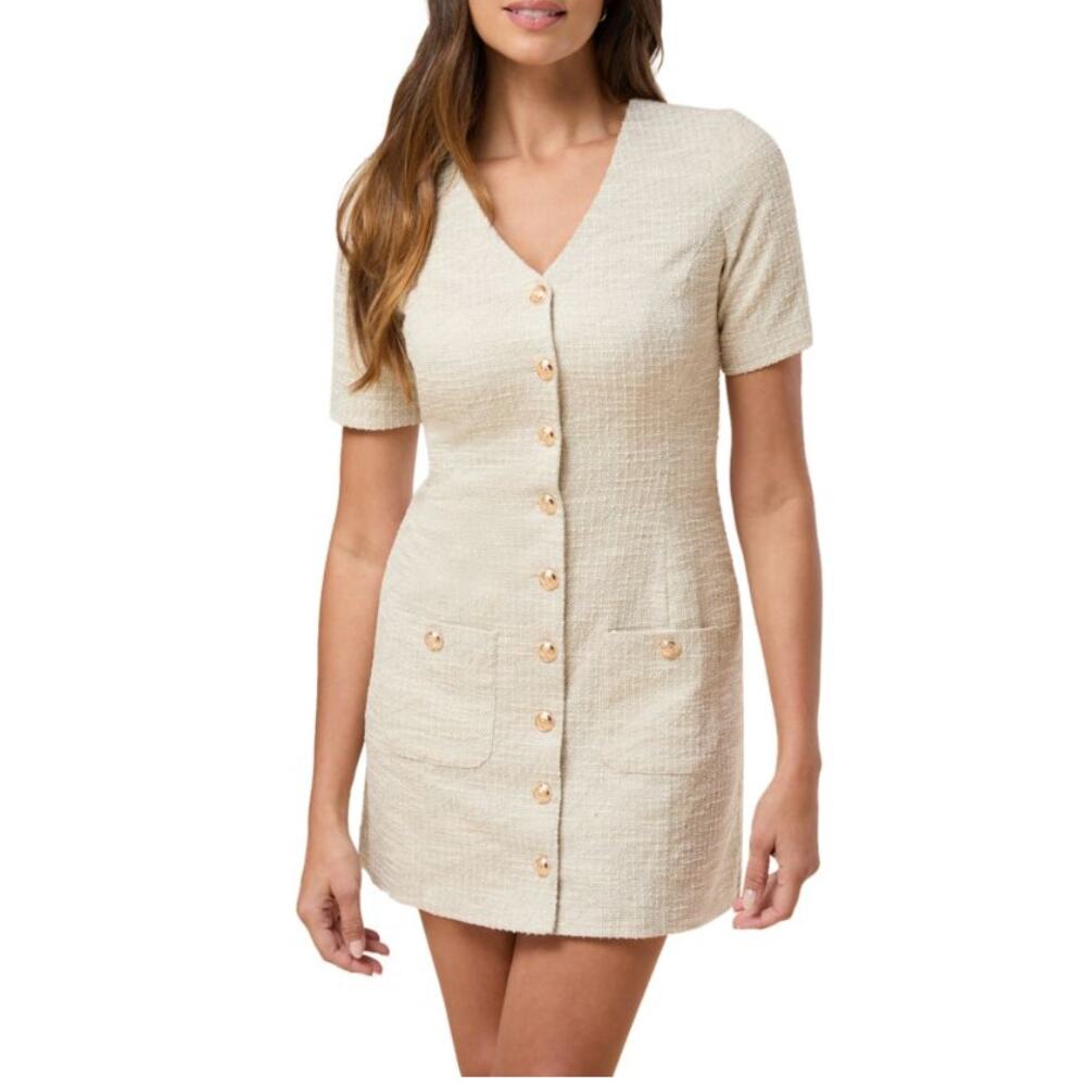 Rachel Parcell Tweed v-Neck Mini Dress, size 14, Beige, NWT